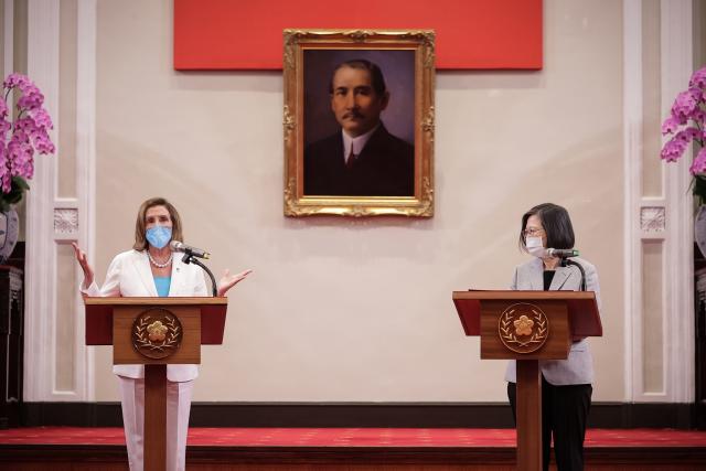 Speaker of the US House Of Representatives Nancy Pelosi speaks alongside Taiwan’s president Tsai Ing-wen, right, at the president’s office on 3 August 2022 in Taipei, Taiwan (Getty Images)
