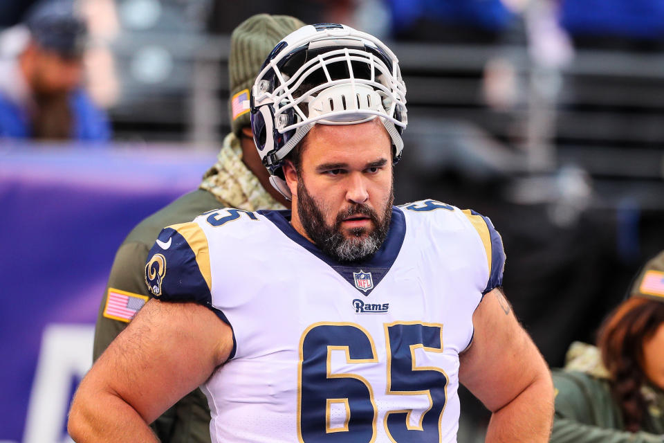 Los Angeles Rams center John Sullivan (65), during the 2017 season, was listed at 312 pounds when he played. (Photo by Rich Graessle/Icon Sportswire via Getty Images)