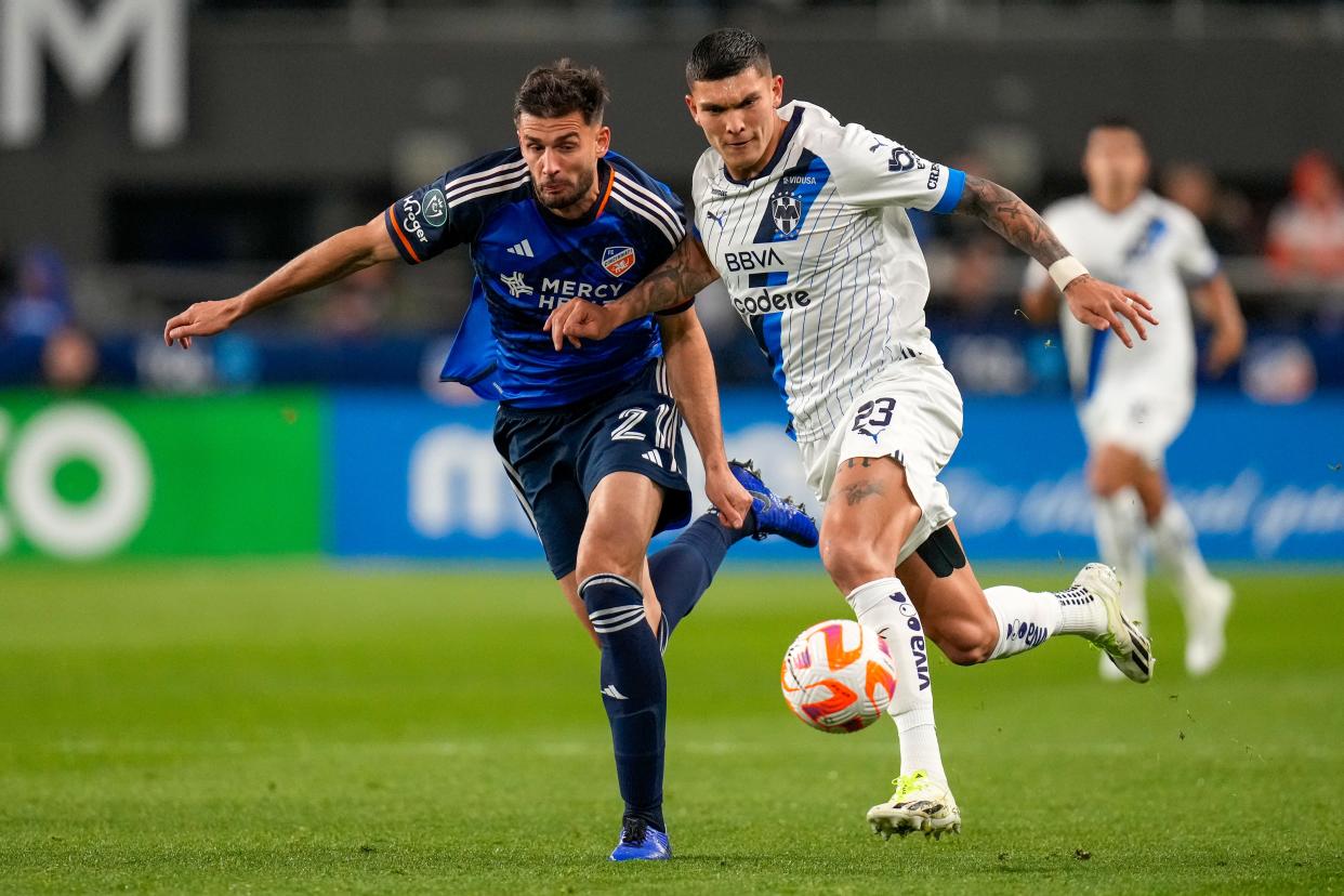 FC Cincinnati defender Matt Miazga (2) and Monterrey forward Brandon Vazquez (23) race down down field in the first half of the CONCACAF Champions Cup Round of 16 game between the FC Cincinnati and the Monterrey at TQL Stadium in Cincinnati on Thursday, March 7, 2024. Monterrey led 1-0 at halftime.