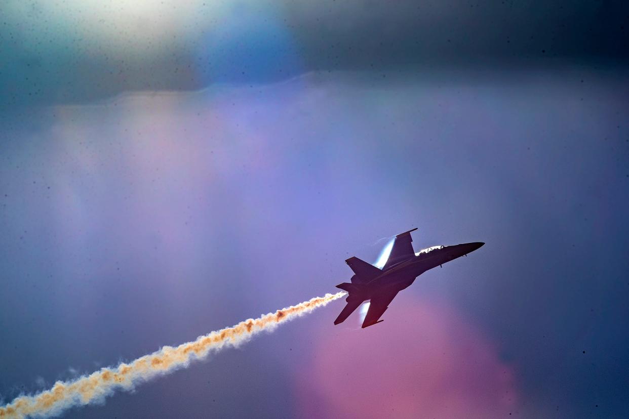 Lt. Commander Thomas Zimmerman and Lt. Commander Brian Vaught of the U.S. Navy's Blue Angels do a flyby in their Boeing F/A-18 Super Hornet during a visit to the Lakeland Linder International Airport in December to talk about what's in store for the 2023 Sun 'N Fun Expo. The Blue Angels will perform in their Super Hornets for the second time at Sun 'n Fun. They'll arrive and practice on Thursday in preparation for a Saturday performance.