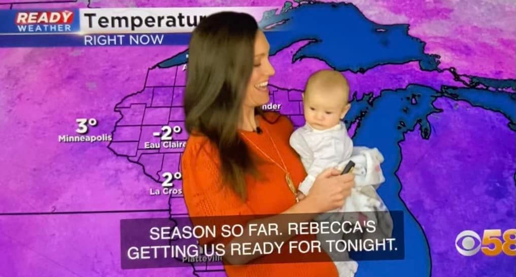 Meteorologist Rebecca Shuld melted the hearts of viewers in Milwaukee when her newborn daughter made an appearance. (Credit: Facebook) 