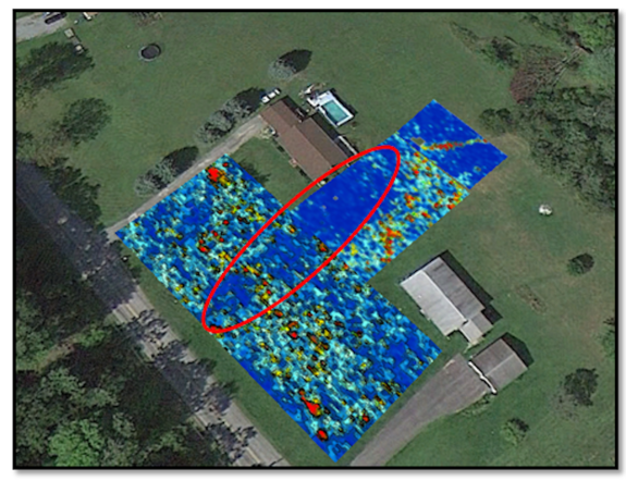 The geophysical data showed a "low reflective anomaly," circled in this image. This means there is likely less metal buried in this area. The team from IUP expected to see a higher reflective anomaly, indicating buried parts of the train wrecka