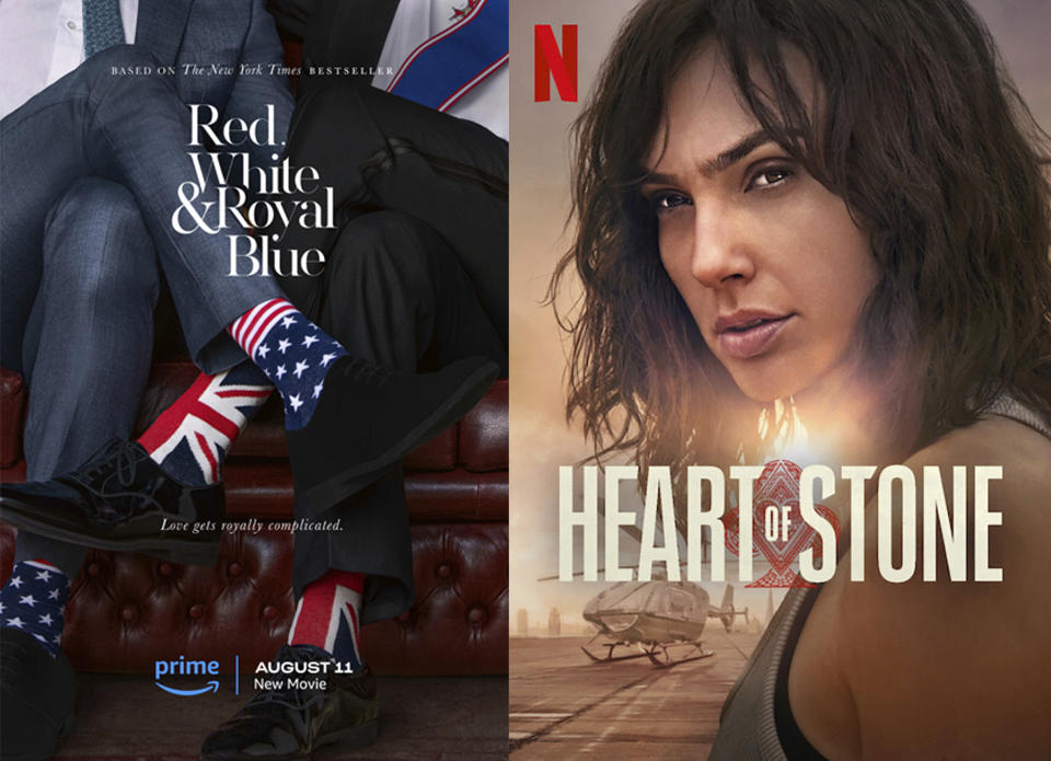 This combination of images shows promotional art for "Red, White & Royal Blue," available Aug. 11 on Prime Video left, and "Heart of Stone," available Aug. 11 on Netflix. (Prime Video/Netflix via AP)