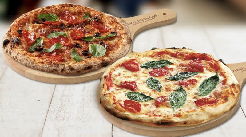 ▲Tino's Pizza限定贈送口味，左起：皇后瑪格、經典義式臘腸。（圖／翻攝自Tino's Pizza Café 堤諾義大利比薩FB）