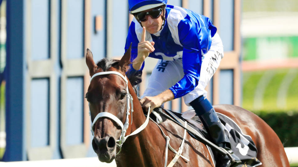 Hugh Bowman celebrates after riding Winx to her 30th consecutive victory. Pic: Getty