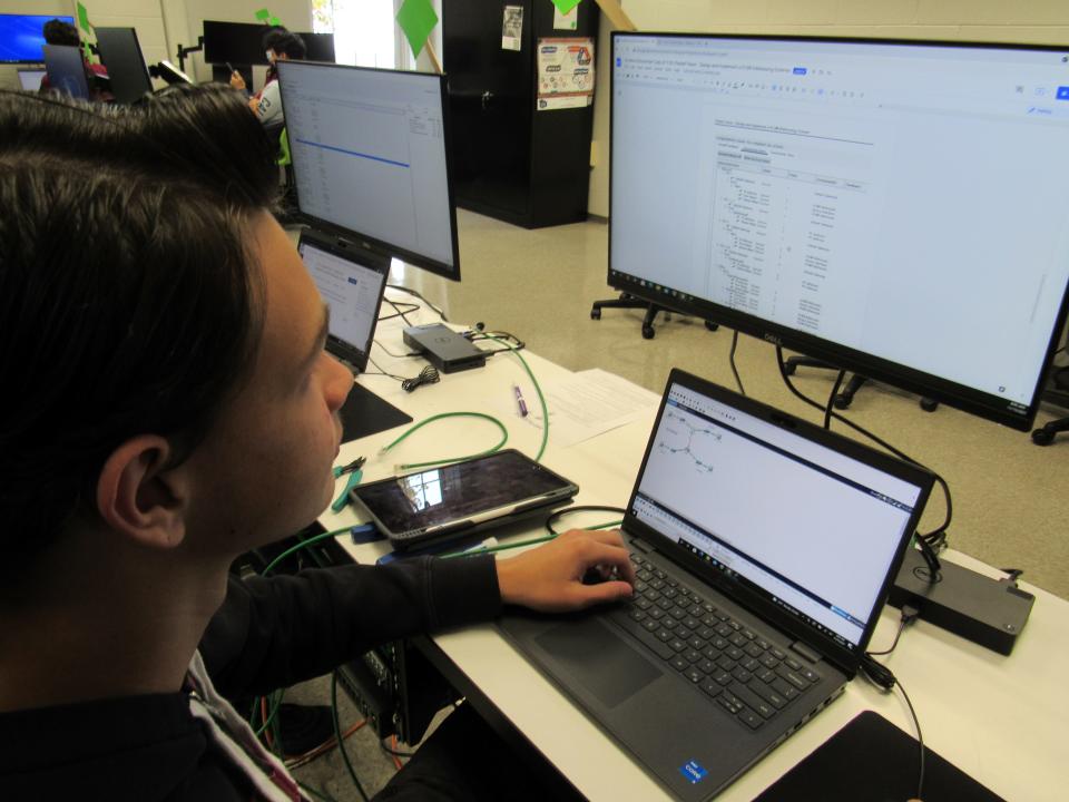 Campbell Thompson works at his computer station at the new cyber-security lab at New Albany High School. Eastland-Fairfield Career and Technical Schools opened the training facility in 2021 at NAHS.