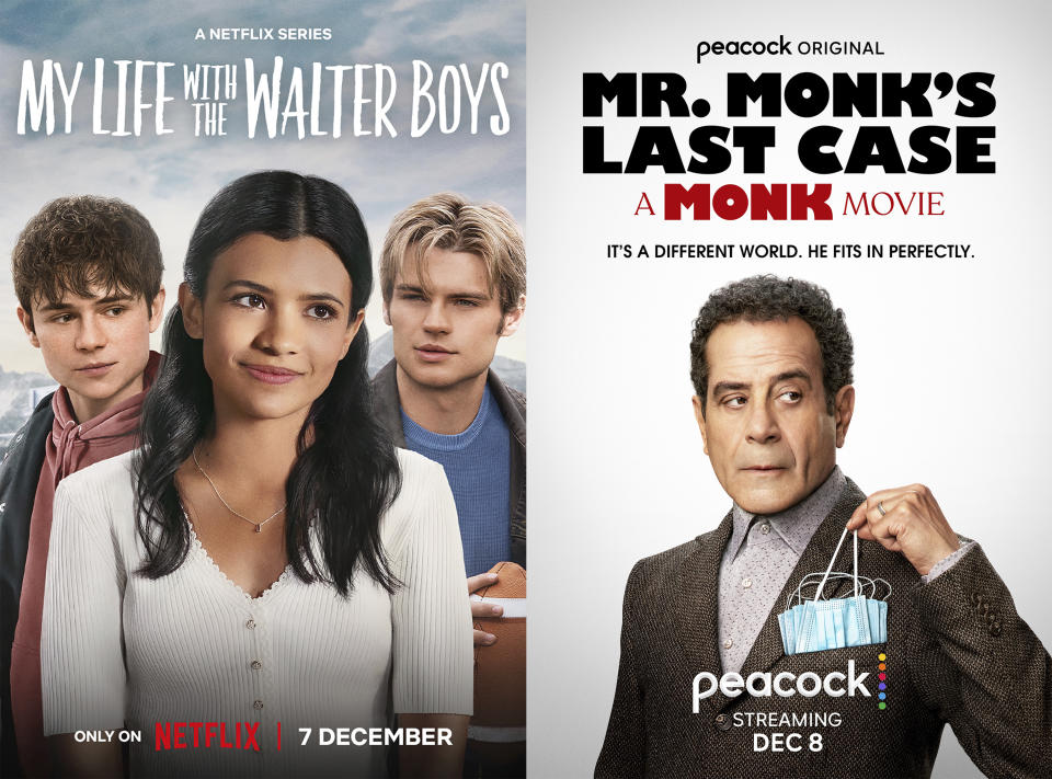 This combination of photos shows promotional art for "My Life with the Walter Boys" a series premiering Dec. 7 on Netflix, left, and "Mr. Monk's Last Case: A Monk Movie," premiering Dec 8 on Peacock. (Netflix via AP, left, and Peacockvia AP)