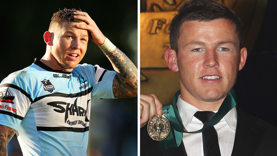 Todd Carney reacts and Carney poses with the Dally M award.