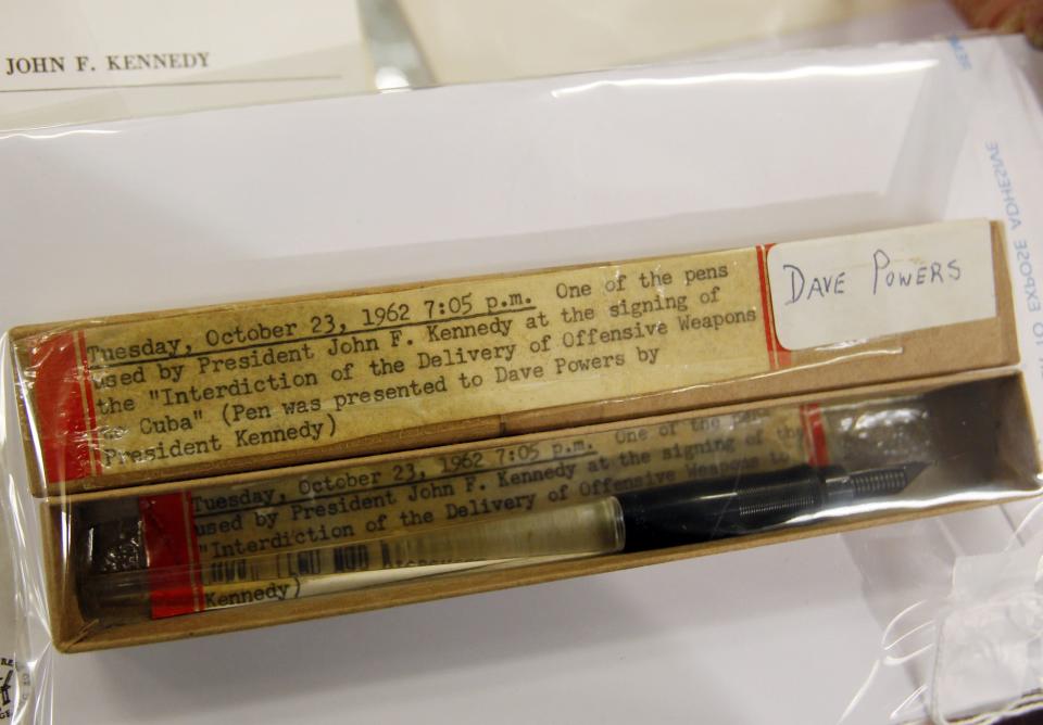 <p>This pen was used at the signing of the "Interdiction of the Delivery of Offensive Weapons to Cuba". The collection belonged to David Powers, who was the President's asisstant and friend. He died in 1998 (Reuters)</p>