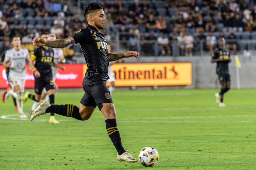 LAFC's Cristian Arango controls the ball during a game against Real Salt Lake at Banc of California Stadium