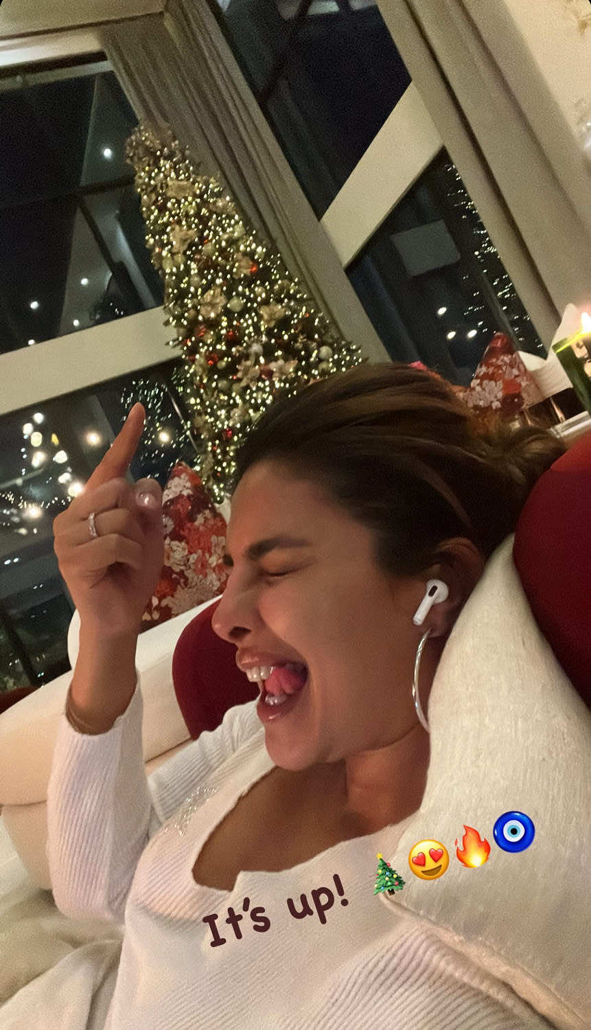 <p>The <em>Quantico </em>actress couldn't contain her excitement over her festive fir! Priyanka shared a few snaps on her <a href="https://www.instagram.com/stories/priyankachopra/2976546382236056635/" rel="nofollow noopener" target="_blank" data-ylk="slk:Instagram Story" class="link ">Instagram Story</a> revealing her sky-scraping tree, which she <a href="https://people.com/parents/priyanka-chopra-jonas-and-baby-daughter-malti-are-ready-for-christmas/" rel="nofollow noopener" target="_blank" data-ylk="slk:took in by a cozy fire" class="link ">took in by a cozy fire</a> with her 10-month-old daughter Malti. "It's up!" she wrote on one of the shots of her pointing at the tree with an excited expression. </p>