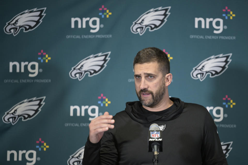 Philadelphia Eagles head coach Nick Sirianni talks to reporters following an NFL wild-card playoff football game against the Tampa Bay Buccaneers, Tuesday, Jan. 16, 2024, in Tampa, Fla. The Buccaneers won 32-9. (AP Photo/Phelan M. Ebenhack)