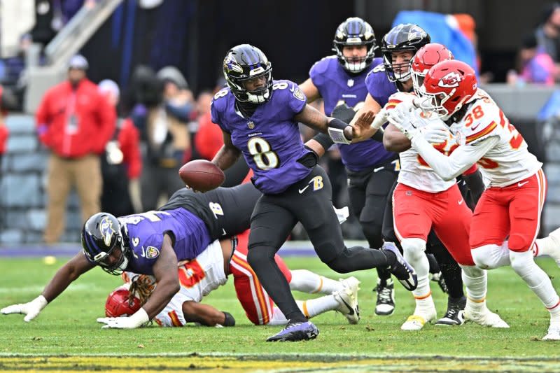 Baltimore Ravens quarterback Lamar Jackson (8) is 1-4 in his last five meetings with the Kansas City Chiefs. File Photo by David Tulis/UPI