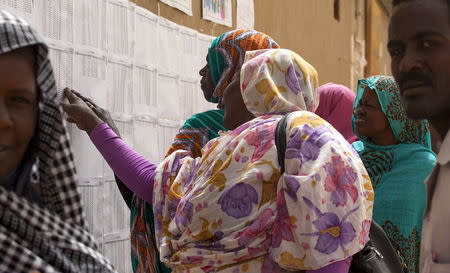 Women look for their names during Darfur's referendum at a registration center at Al Fashir in North Darfur, April 12, 2016. REUTERS/Mohamed Nureldin Abdallah