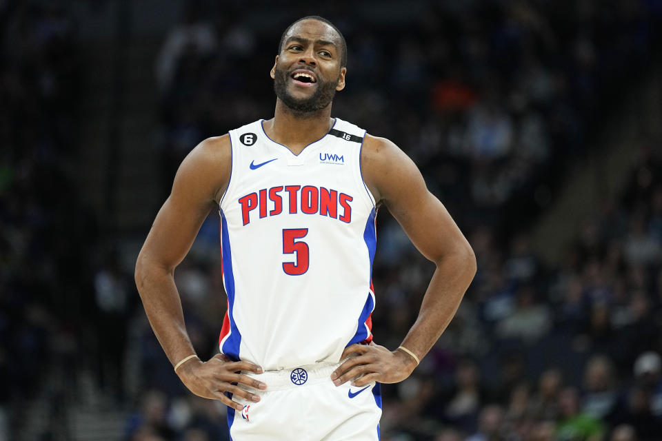 Detroit Pistons guard Alec Burks (5) reacts to a foul call during the first half of an NBA basketball game against the Minnesota Timberwolves, Saturday, Dec. 31, 2022, in Minneapolis. (AP Photo/Abbie Parr)