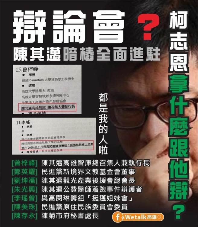 臉書社團「we talk高雄」發文指出，高雄市選委會提出28位提問人名單，竟然高達四分之一都是陳其邁的人，對此，高雄市選委會駁斥。（摘自臉書we talk高雄社團）