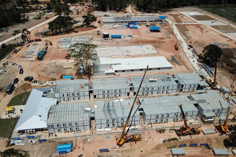 An aerial view of the works in progress of an emergency hospital at a Galang Island to prevent the spread of coronavirus disease (COVID-19) in Batam