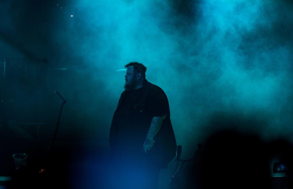 Jelly Roll makes a surprise appearance during Brantley Gilbert performance before Nickelback at Bridgestone Arena in Nashville, Tenn., Tuesday, Aug. 1, 2023.