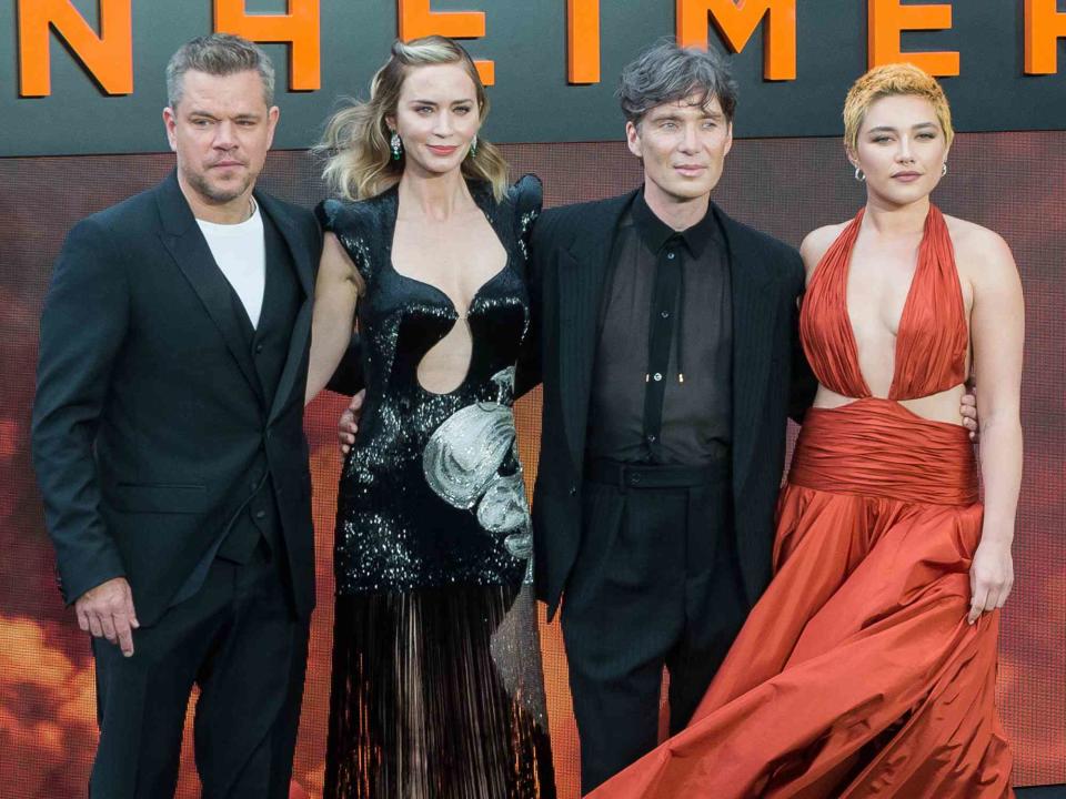 <p>Wiktor Szymanowicz/Anadolu Agency/Getty</p> Matt Damon, Emily Blunt, Cillian Murphy and Florence Pugh attend the U.K. premiere of 