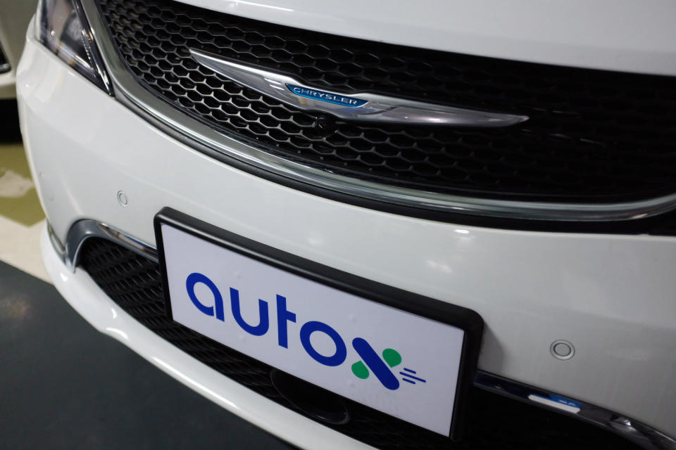 AutoX logo on a modified plate of a Chrysler Pacifica minivan in Shenzhen, Guangdong province, China. Photo: Yilei Sun/Reuters