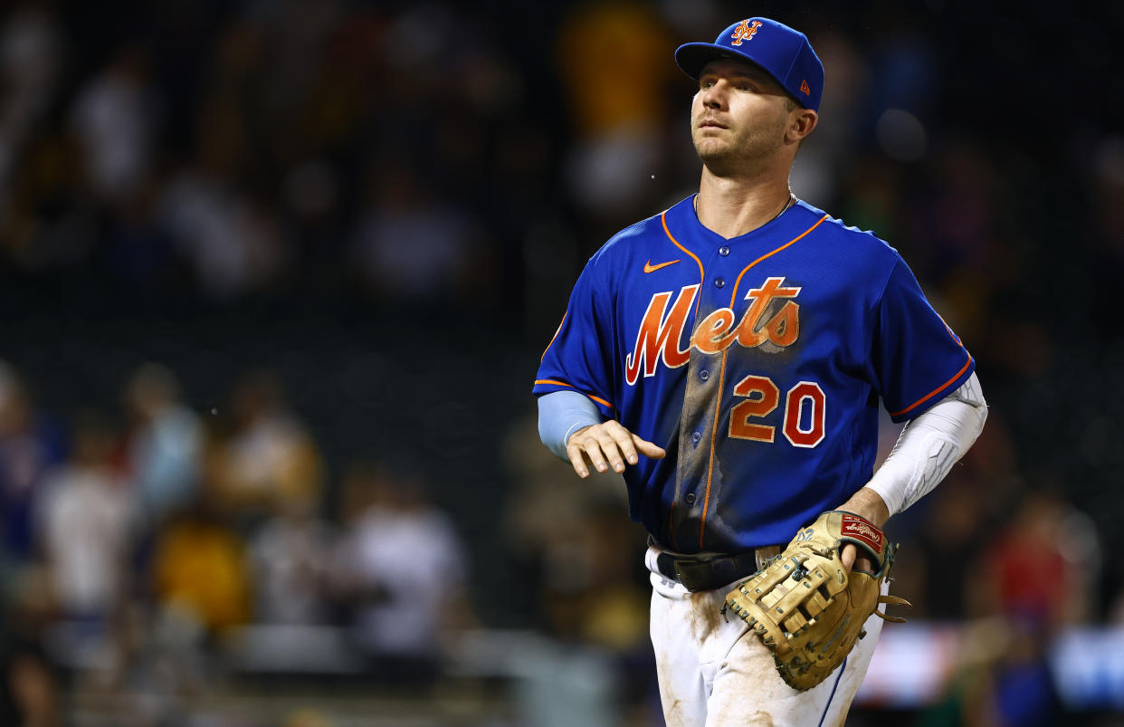 NEW YORK, NEW YORK - AUGUST 14: Pete Alonso #20 of the New York Mets in action against the Pittsburgh Pirates of a game at Citi Field on August 14, 2023 in New York City. (Photo by Rich Schultz/Getty Images)