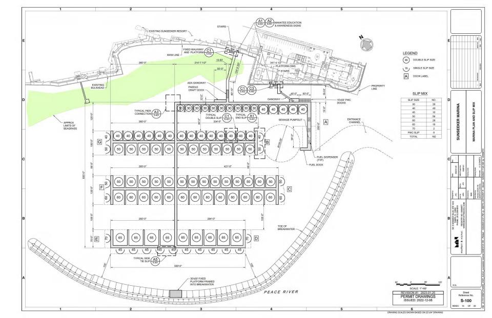 This plan, prepared by the engineering firm of Moffatt & Nichol shows the proposed marina plan and slip mix for an 182-slip floating dock marina being proposed as part of Sunseeker Resort Charlotte Harbor. The U.S. Army Corps of Engineers is accepting public comment on the marina proposal through Oct. 25.