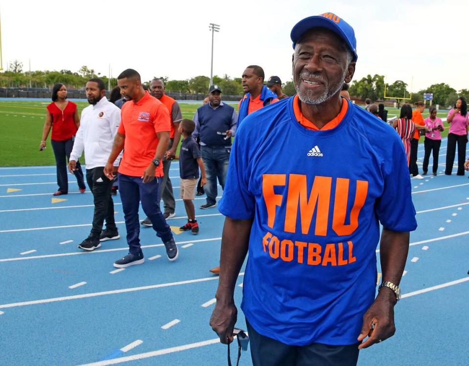 Florida Memorial University former student and board member Charles George wears a shirt celebrating the college’s return to football, May 4, 2019. FMU Board of trustees announced the revival of the FMU football team at the Berry T. Ferguson Recreational Complex where their games will be played.