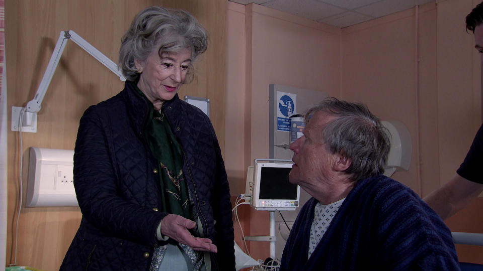 FROM ITV

STRICT EMBARGO - No Use Before Tuesday 23rd May 2023

Coronation Street - Ep 10969

Thursday 1st June 2023

Evelyn Plummer [MAUREEN LIPMAN] squeezes a nervous Roy Cropperâ€™s [DAVID NEILSON] hand and wishes him luck as heâ€™s wheeled away for his operation.

Picture contact - David.crook@itv.com

This photograph is (C) ITV and can only be reproduced for editorial purposes directly in connection with the programme or event mentioned above, or ITV plc. This photograph must not be manipulated [excluding basic cropping] in a manner which alters the visual appearance of the person photographed deemed detrimental or inappropriate by ITV plc Picture Desk. This photograph must not be syndicated to any other company, publication or website, or permanently archived, without the express written permission of ITV Picture Desk. Full Terms and conditions are available on the website www.itv.com/presscentre/itvpictures/terms
