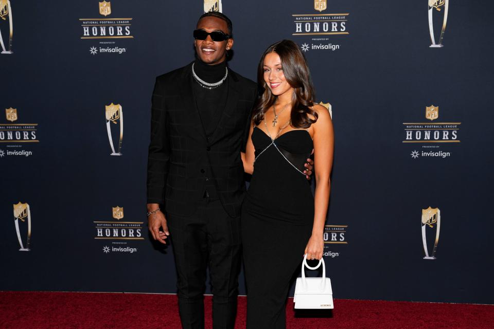 New York Jets Garrett Wilson arrives for the NFL Honors award show ahead of the Super Bowl 57 football game, Thursday, Feb. 9, 2023, in Phoenix. (AP Photo/Matt York)