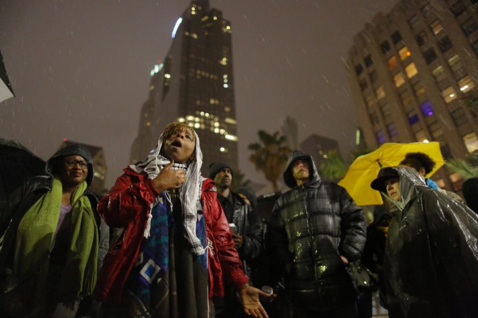 Patrisse Cullors speaks at a protest in March 2015.