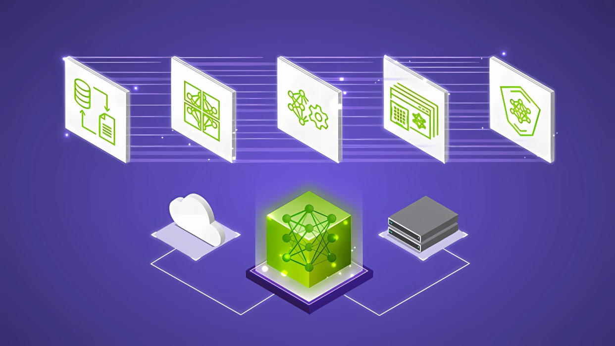  A promotional image for Nvidia NeMo, using icons to represent the different aspects of the generative AI framework. 