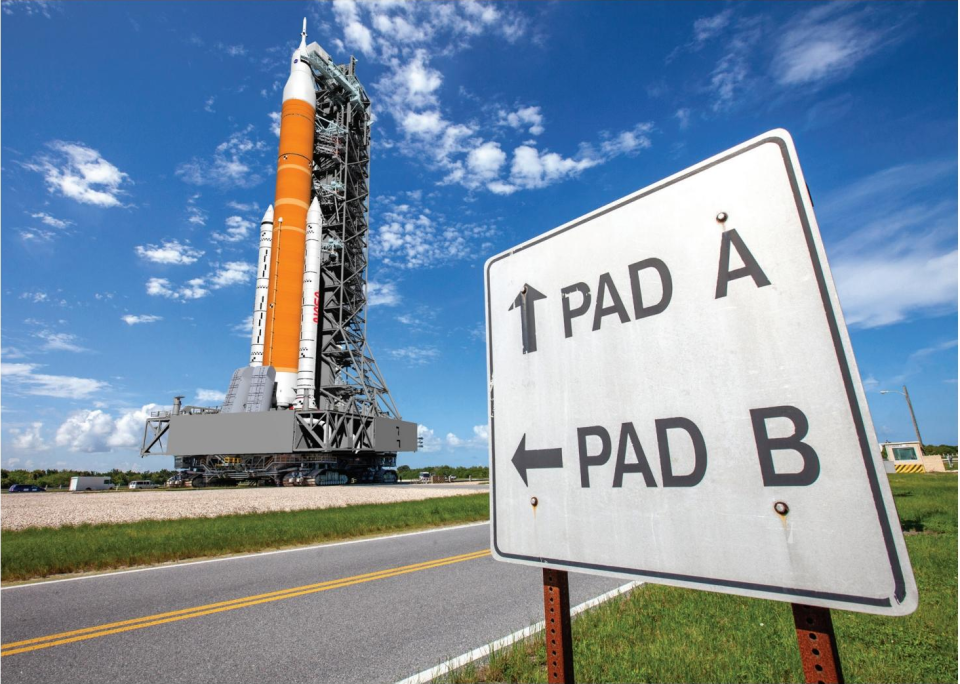 An artists rendering of Crawler-Transport 2, with the Mobile Launcher 2 and Space Launch System Block 1B atop, as it makes its way to Launch Pad 39B in preparation for liftoff. Houma's Gulf Island Fabrications is building a piece of the Mobile Launcher 2.