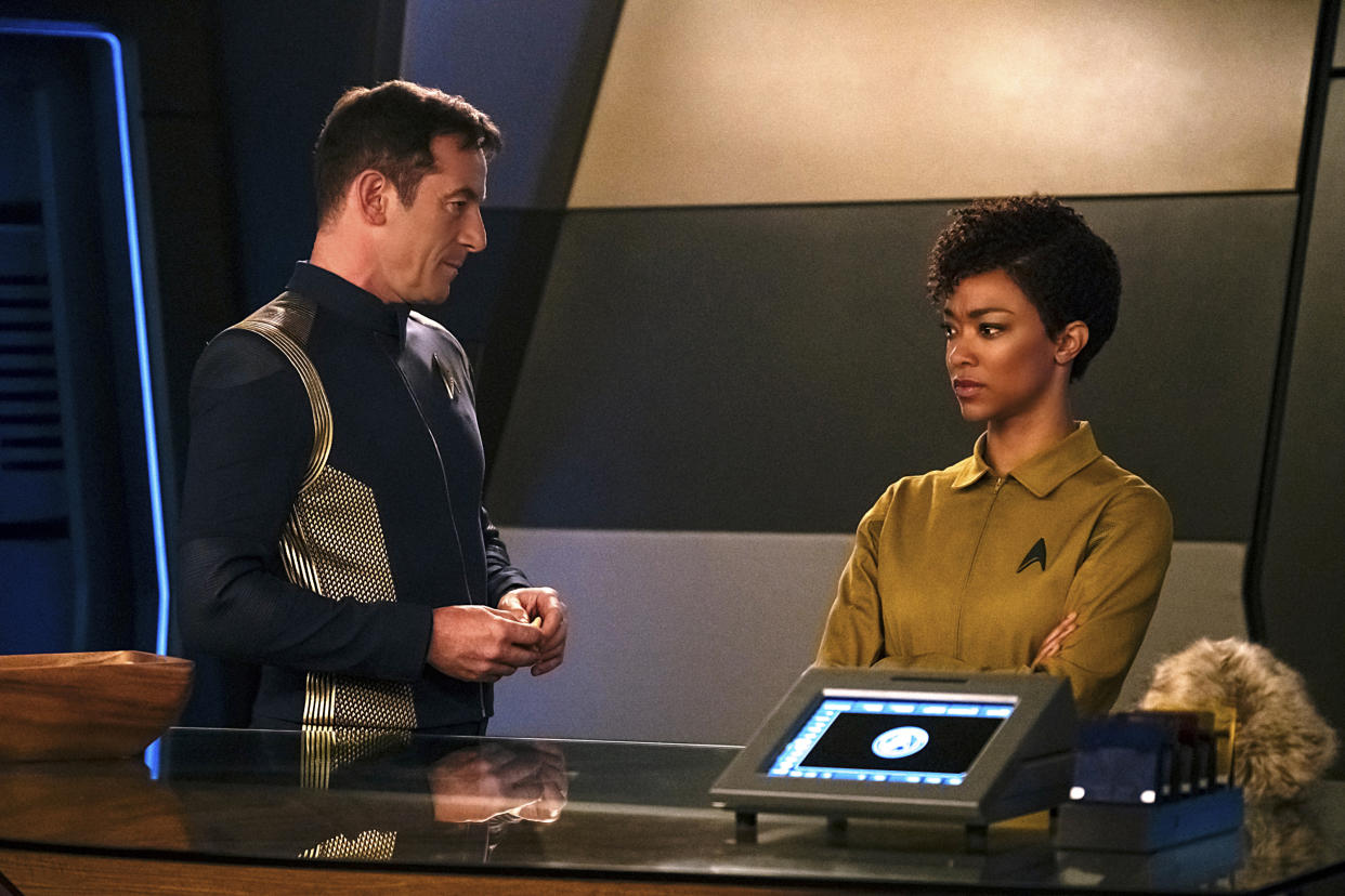 Jason Isaacs as Gabriel Lorca and Sonequa Martin-Green as Michael Burnham in “Star Trek: Discovery.” (Photo: Jan Thijs/CBS)