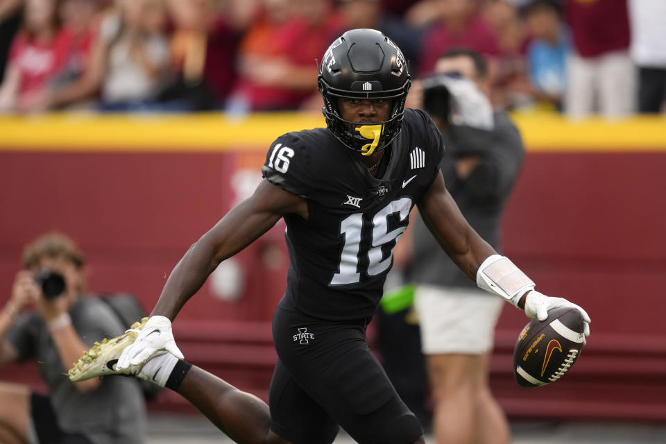 Iowa State wide receiver Daniel Jackson catches a 29-yard touchdown pass during the first half of an NCAA college football game against Oklahoma State, Saturday, Sept. 23, 2023, in Ames, Iowa. (AP Photo/Charlie Neibergall)