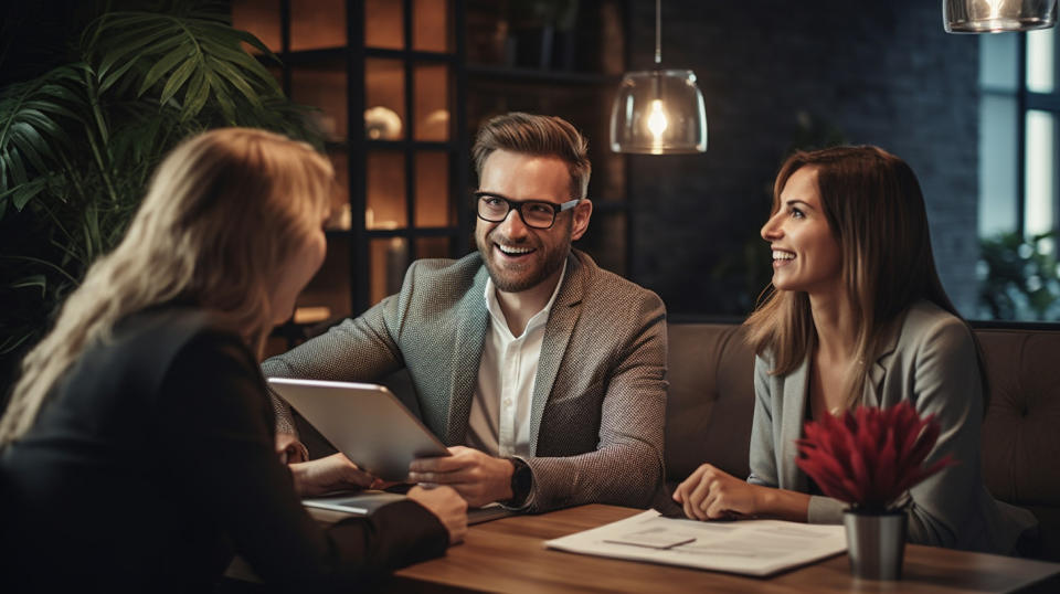 An excited real estate broker discussing with a couple interested in buying a home.