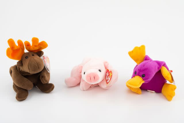 <p>Alamy</p> Chocolate the Moose, Squealer the Pig, Patti the Platypus Beanie Babies