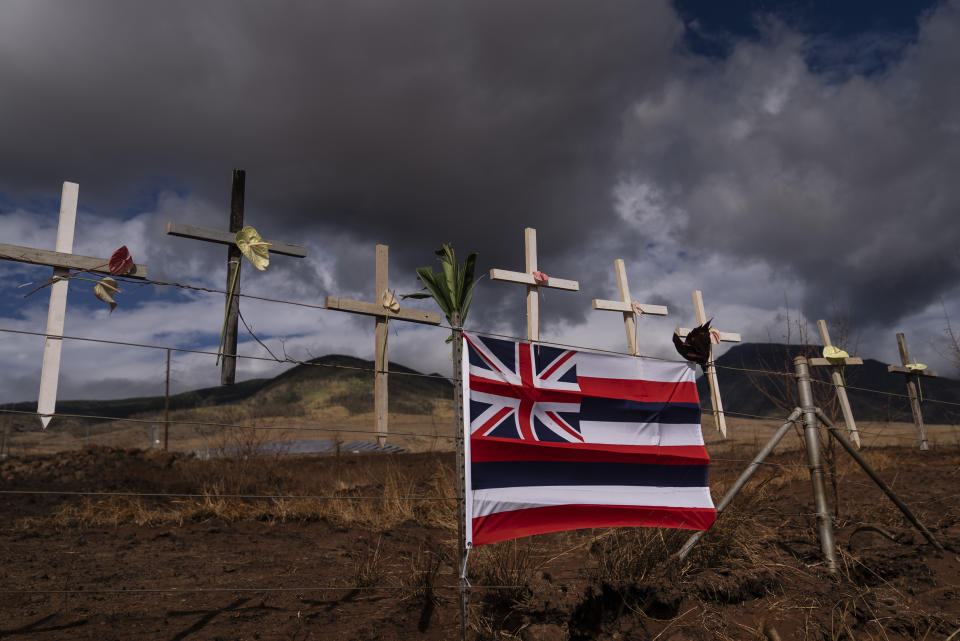 A Hawaiian flag and crosses honoring the victims killed in a recent wildfire are posted along the Lahaina Bypass in Lahaina, Hawaii, Monday, Aug. 21, 2023. The wildfires devastated parts of the Hawaiian island of Maui earlier in the month. (AP Photo/Jae C. Hong)