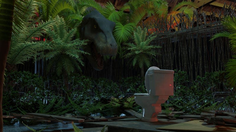 A Tyrannosaurus Rex peeks out of the jungle at a lone toilet.