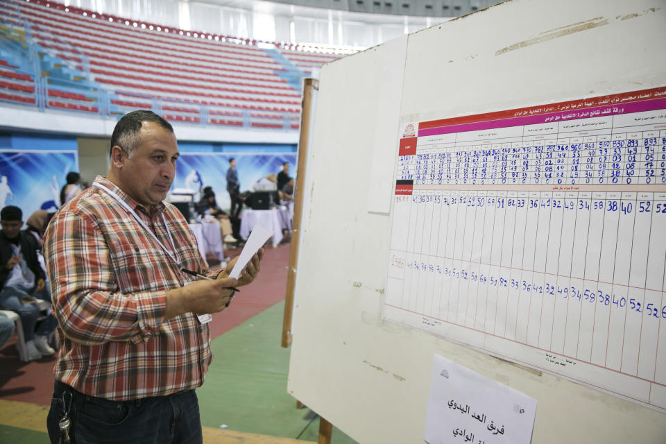 A member of the Independent Higher Authority for Elections counts the votes one day after the parliamentary elections in Tunis, Tunisia, Sunday, Dec. 18, 2022. (AP Photo/Hassene Dridi)