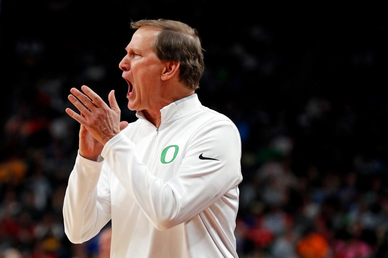 Oregon Ducks head coach Dana Altman calls to his team during the first half of the game against the Creighton Bluejays in the second round of the 2024 NCAA Tournament at PPG Paints Arena March 23, 2024, in Pittsburgh, Pennsylvania.