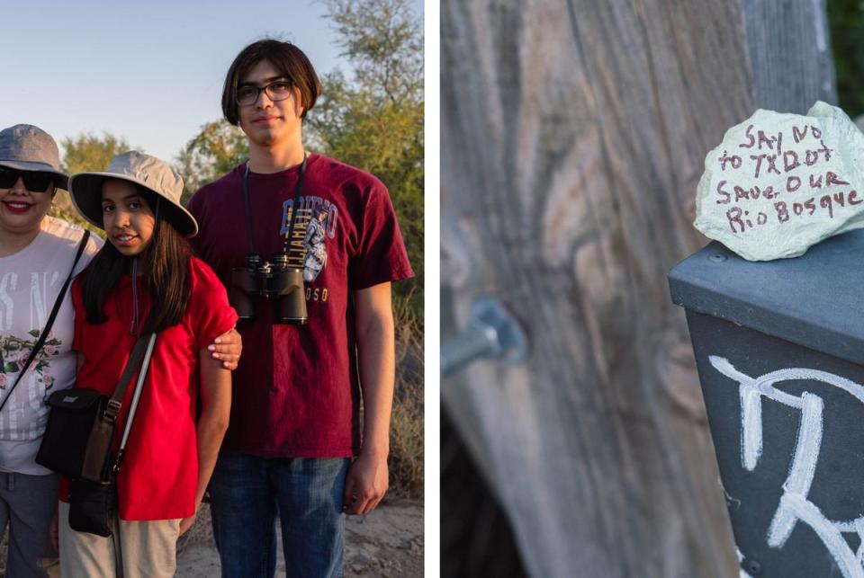 Left: Alfredo Lara (left) with his family at the Rio Bosque Wetlands Park. Right: A painted rock reading “Say No to TXDot Save Our Rio Bosque” at a trailhead in Rio Bosque Wetlands Park. <cite>Credit: Justin Hamel for The Texas Tribune/Inside Climate News</cite>