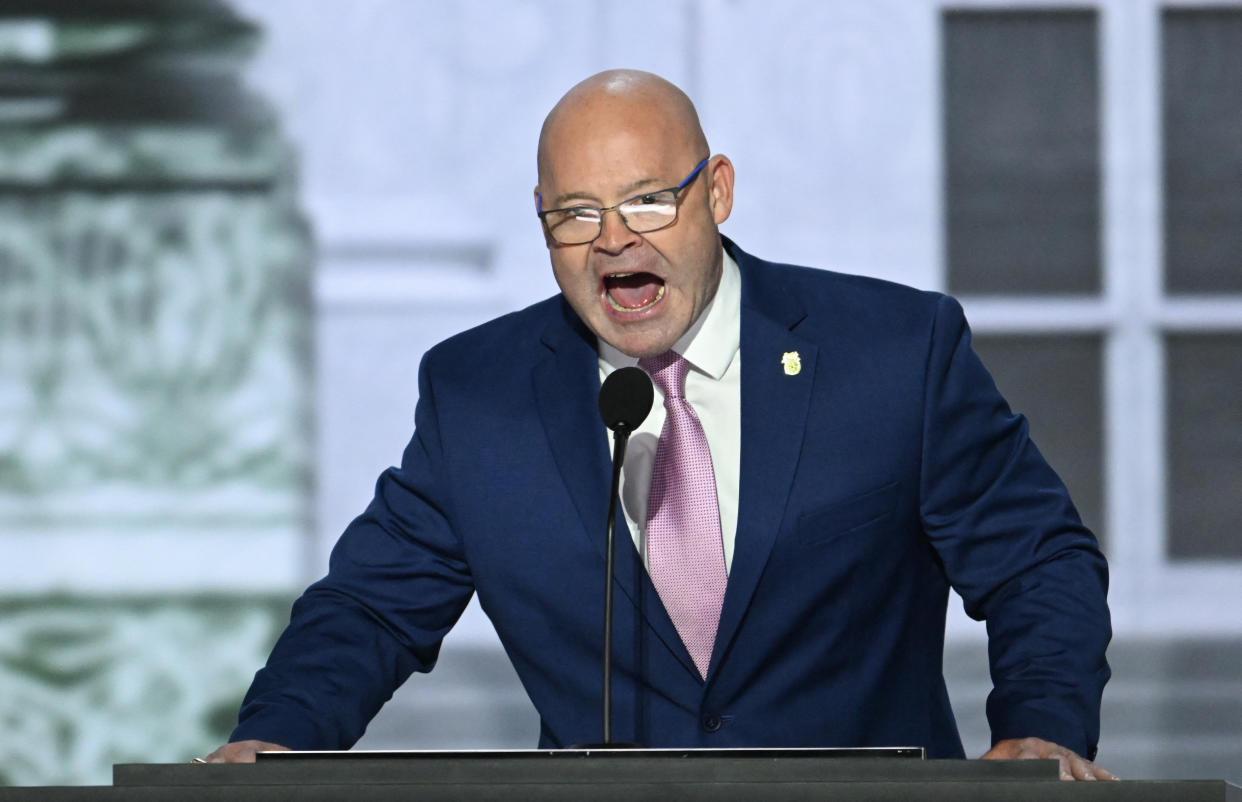 International Brotherhood of Teamsters President Sean O'Brien speaks during the first day of the 2024 Republican National Convention in Milwaukee in July. 