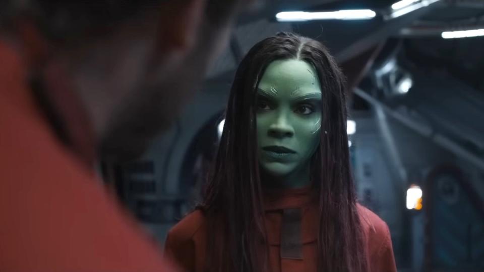 Gamora looks intense as she speaks with Quill in Guardians of the Galaxy Vol. 3