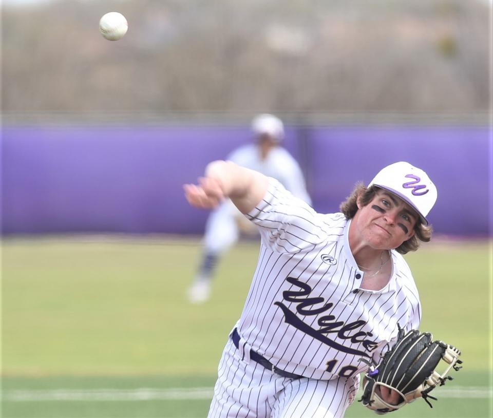 Wylie starter Sam Walker throws a pitch to a Lubbock High batter in the first inning.