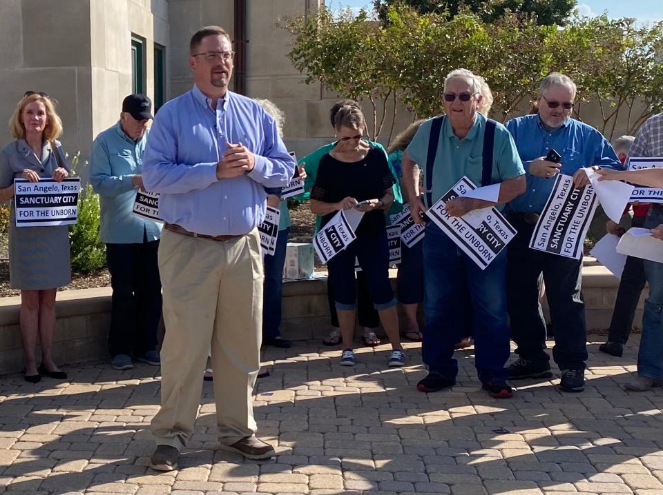 Ryan Buck, Senior Pastor of Immanuel Baptist Church, spoke to local media at San Angelo City Hall Plaza, 72 W College Avenue, on Monday, Sept. 20, 2021. Sanctuary City advocates opposed to abortion conducted a rally and news conference asking elected officials to pass an ordinance outlawing abortion in San Angelo.