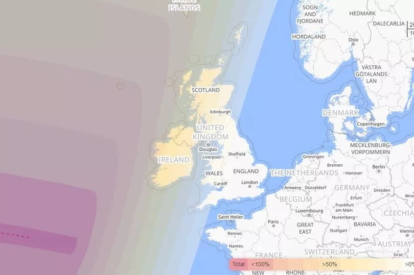 A map showing the range of visibility of the eclipse in the UK