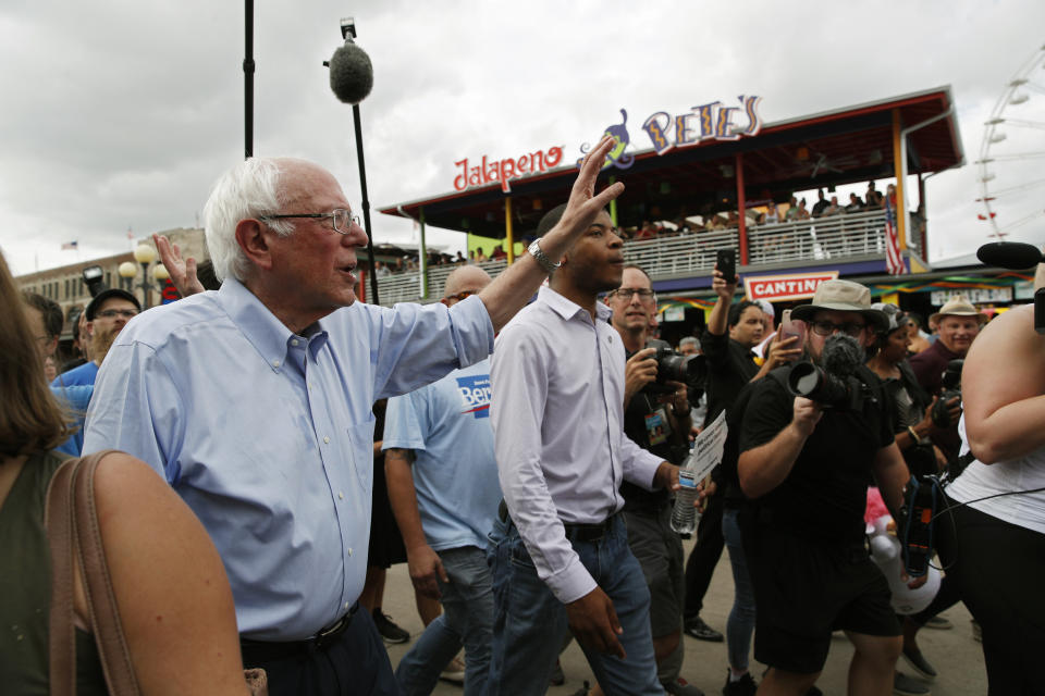 Democratic presidential candidate Sen. Bernie Sanders, I-Vt., tours the Iowa State Fair, Sunday, Aug. 11, 2019, in Des Moines, Iowa. (AP Photo/John Locher)