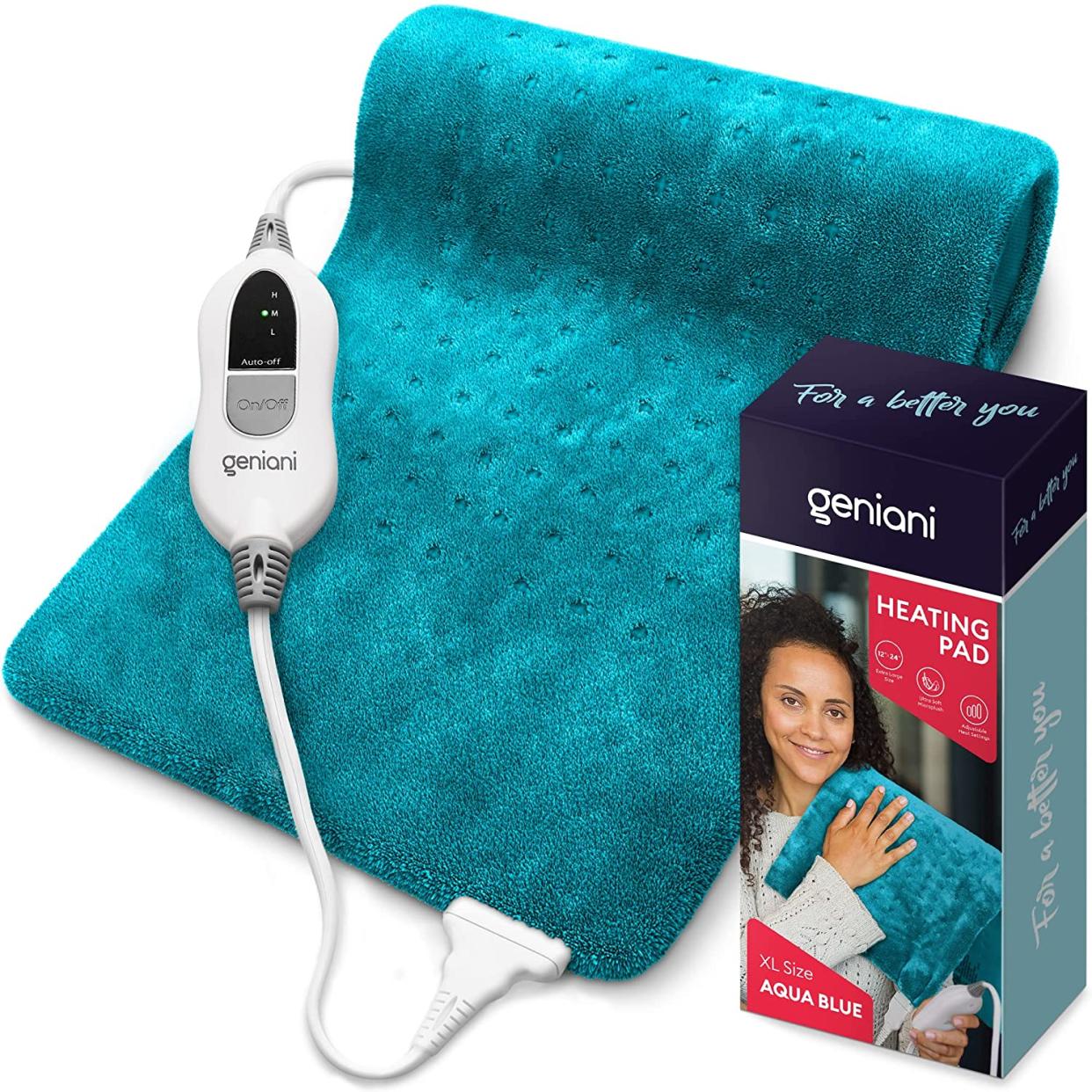 Large blue heating pad in and out of box.