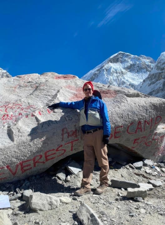 Walnut Creek Councilmember, Kevin Wilk, at the expedition team’s destination, the Mount Everest South Base Camp at 17,598″ in Nepal. Summiting Everest, the far peak behind Wilk, takes another 4-6 weeks. Wilk left on Oct. 26 and returned on Nov. 18, 2023 with the ascent taking nine days and decent five days. He was on the mountain for a total of 15 days. (Kevin Wilk via Bay City News)