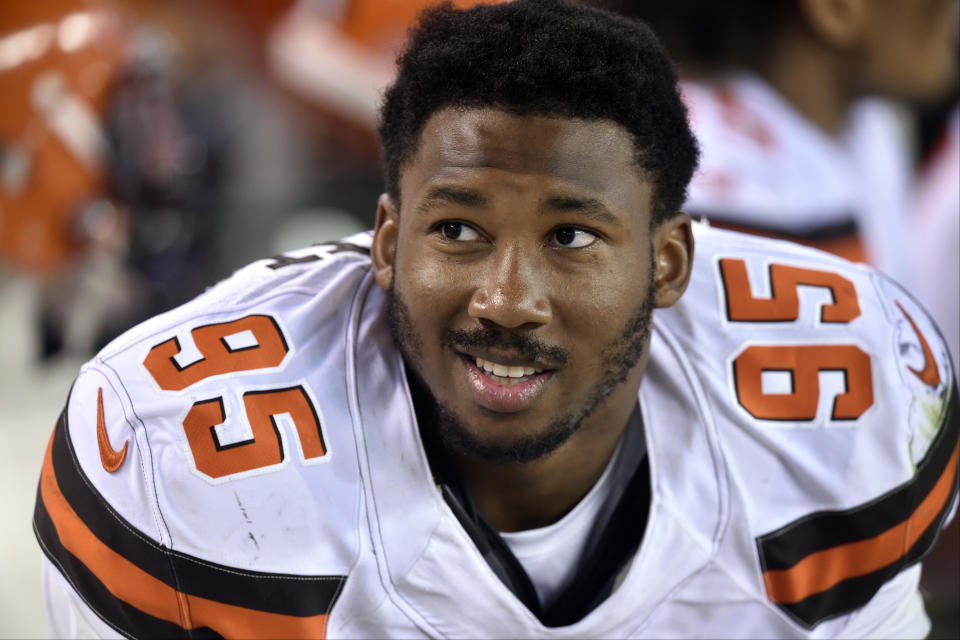 No. 1 overall pick Myles Garrett will make his debut for the Browns on Sunday against the Jets, a month after suffering a high ankle sprain in practice. (AP)